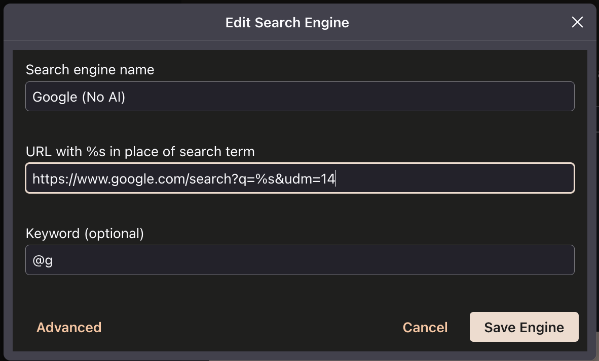 Custom search engine configuration to disable Google AI overviews using udm=14 parameter